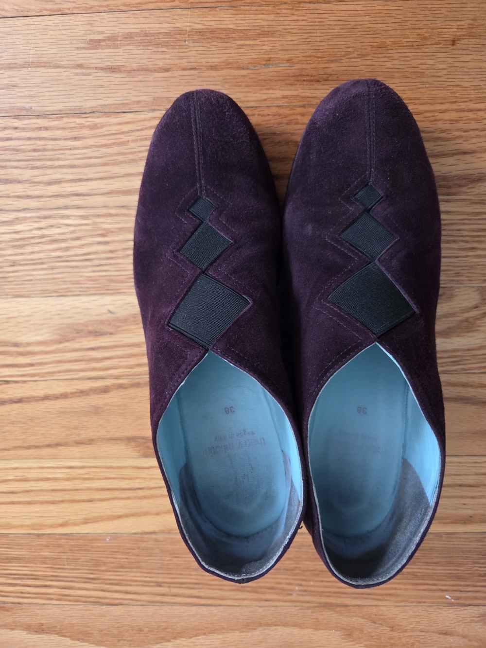 Thierry Rabotin Plum Suede Slip-On Loafers with Geometric Elastic Insets